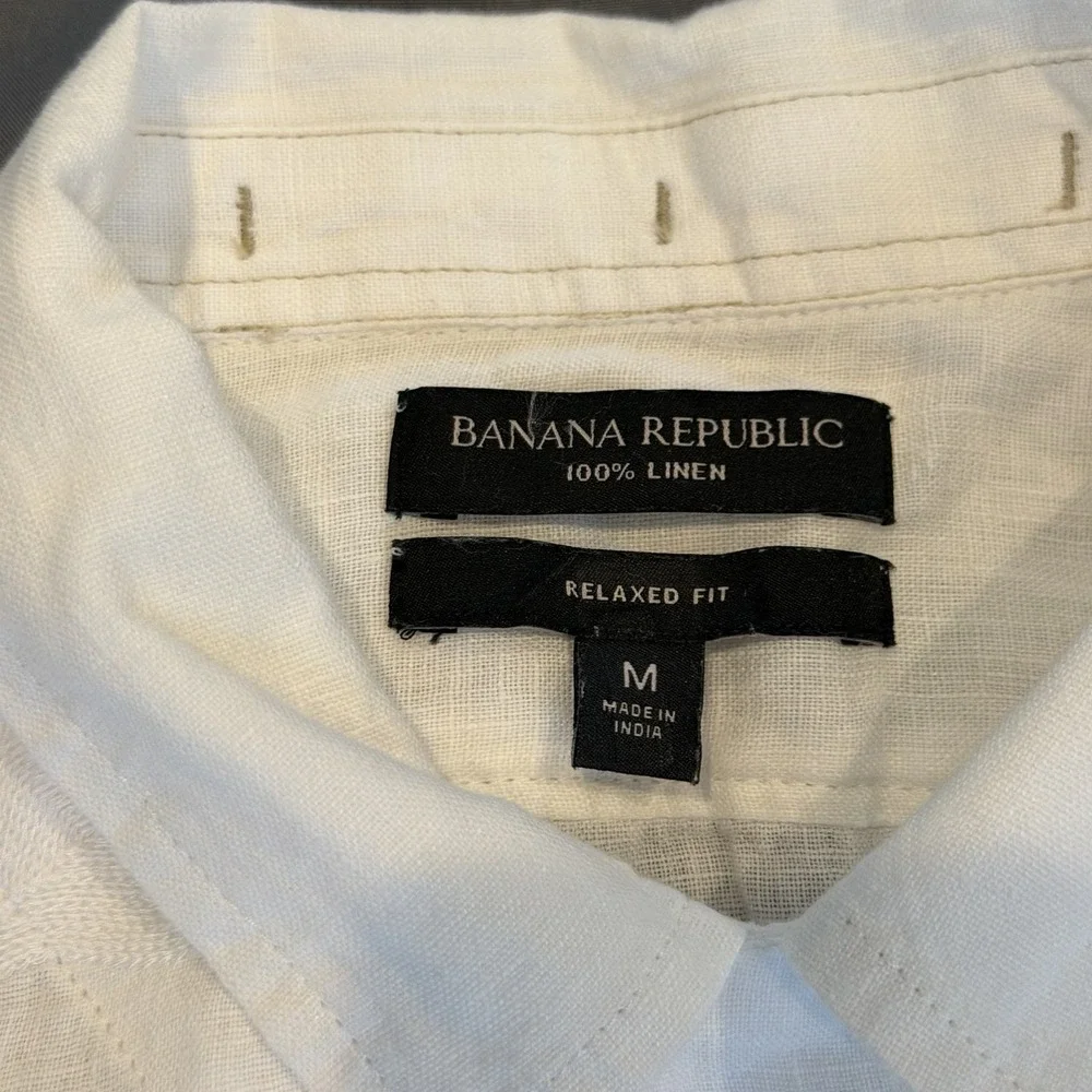 Banana Republic Linen Blend Embroidered Camp Collar Shirt White Medium